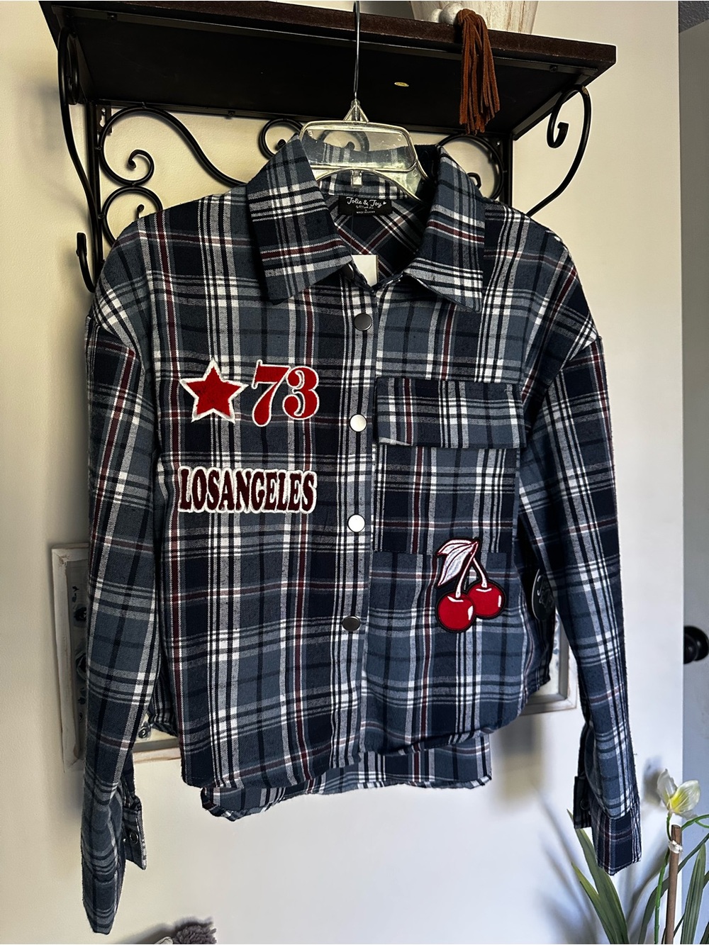 Blue Plaid Button-Up Shacket with Los Angeles and Cherry Patches NWT